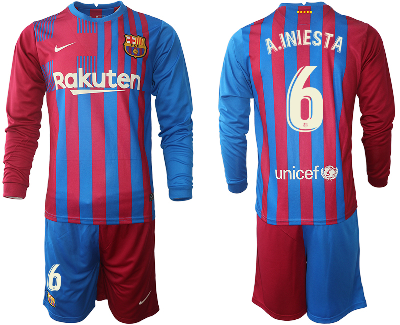 Men 2021-2022 Club Barcelona home red blue Long Sleeve 6 Nike Soccer Jersey