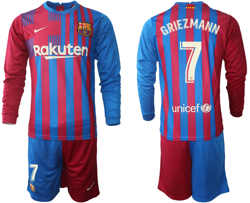Men 2021-2022 Club Barcelona home red blue Long Sleeve 7 Nike Soccer Jersey