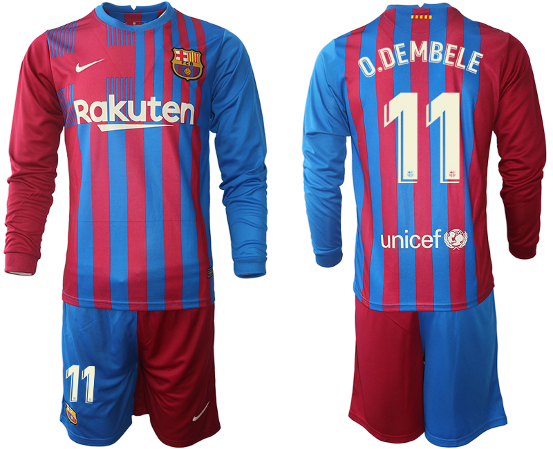 Men 2021-2022 Club Barcelona home red blue Long Sleeve 11 Nike Soccer Jersey