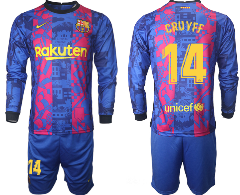 Men 2021-2022 Club Barcelona Second away blue Long Sleeve 14 Soccer Jersey