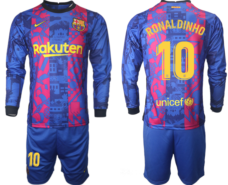 Men 2021-2022 Club Barcelona Second away blue Long Sleeve 10 Soccer Jersey