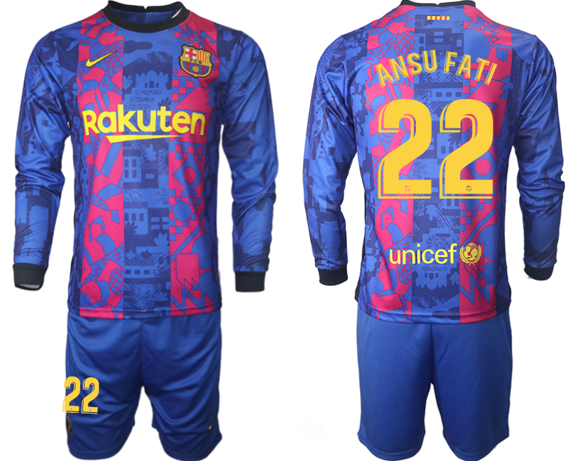 Men 2021-2022 Club Barcelona Second away blue Long Sleeve 22 Soccer Jersey
