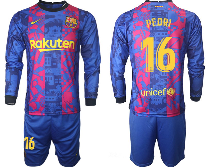 Men 2021-2022 Club Barcelona Second away blue Long Sleeve 16 Soccer Jersey