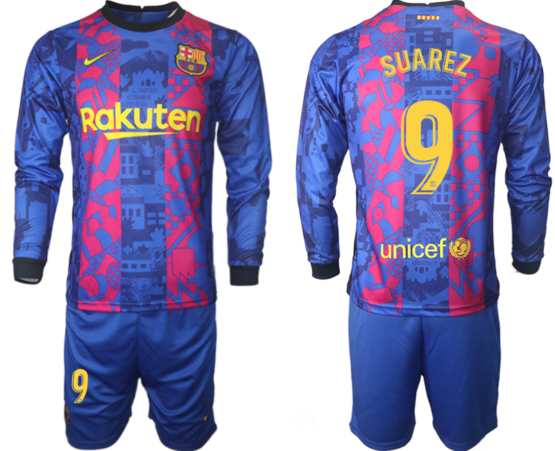 Men 2021-2022 Club Barcelona Second away blue Long Sleeve 9 Soccer Jersey