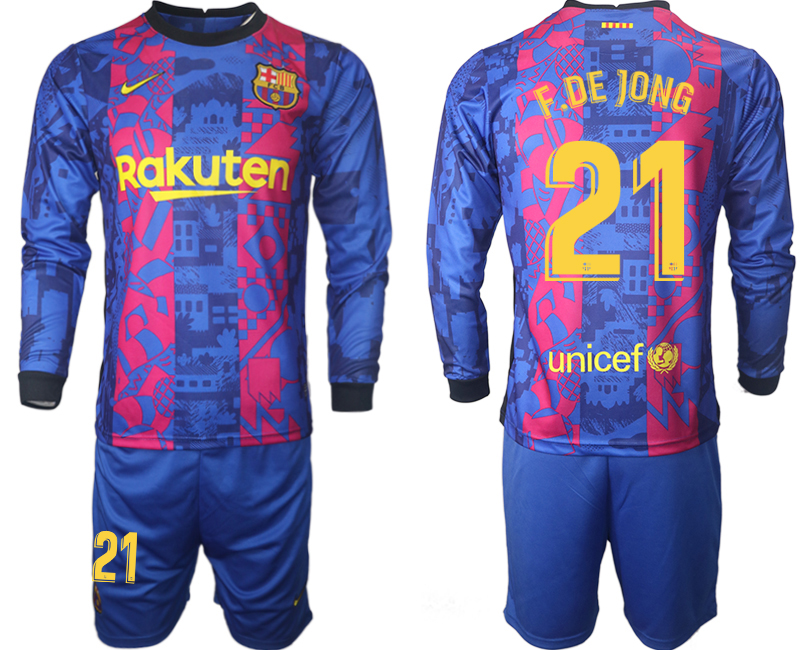 Men 2021-2022 Club Barcelona Second away blue Long Sleeve 21 Soccer Jersey