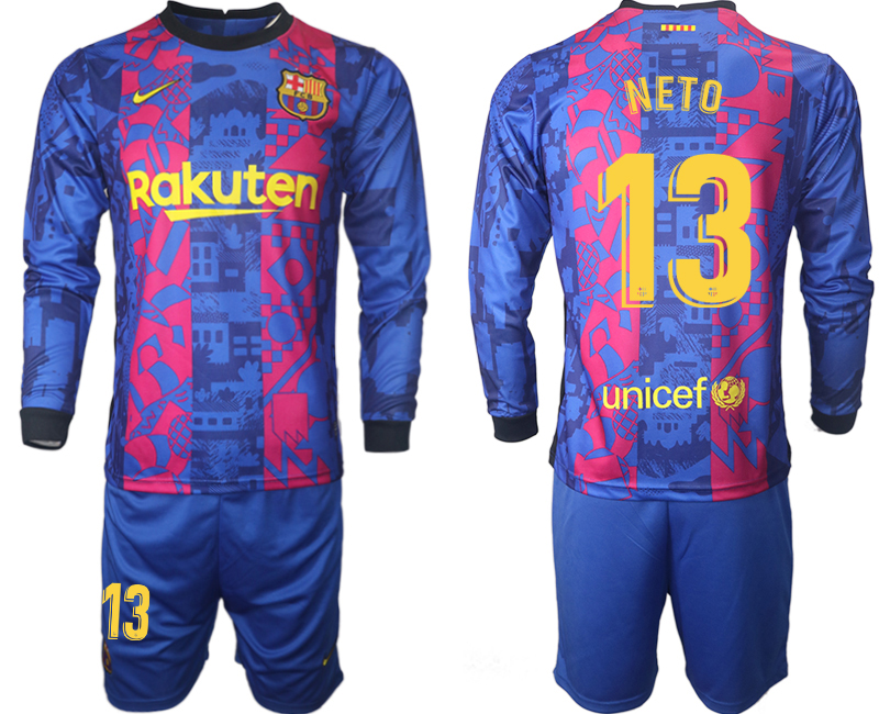Men 2021-2022 Club Barcelona Second away blue Long Sleeve 13 Soccer Jersey