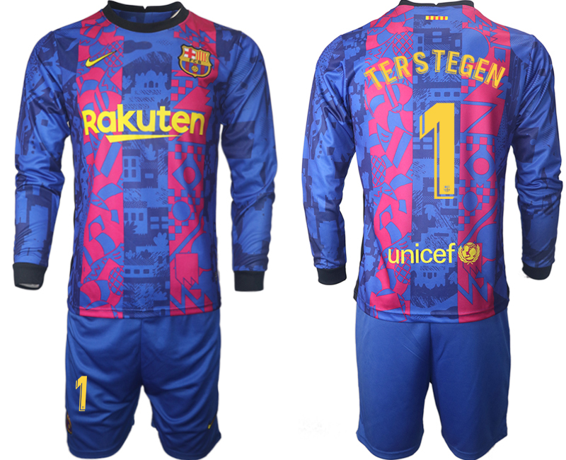 Men 2021-2022 Club Barcelona Second away blue Long Sleeve 1 Soccer Jersey