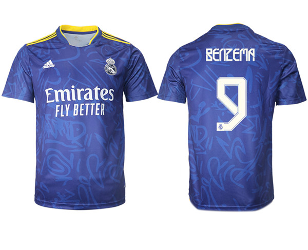 Men's Real Madrid #9 Karim Benzema 2021-22 Blue Away Soccer Jersey