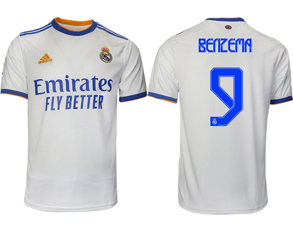 Men's Real Madrid #9 Karim Benzema 2021-22 White Home Soccer Jersey