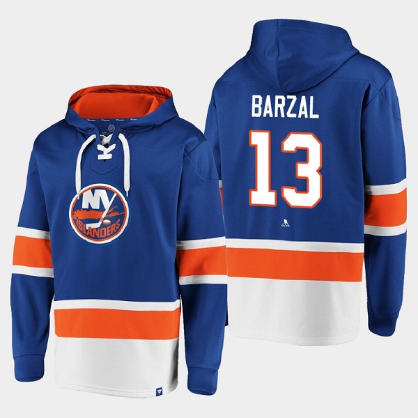 Men's New York Islanders #13 Mathew Barzal Royal Ageless Must-Have Lace-Up Pullover Hoodie