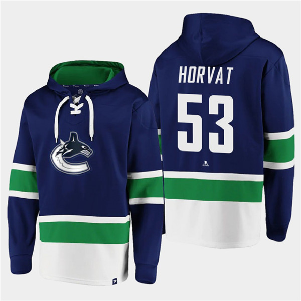Men's Vancouver Canucks #53 Bo Horvat Blue All Stitched Sweatshirt Hoodie