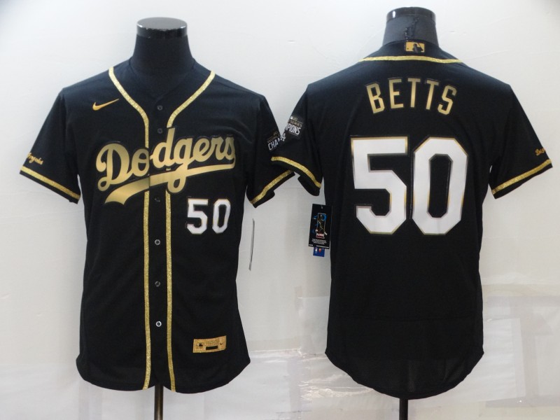 Men's Los Angeles Dodgers #50 Mookie Betts Black 2020 Champions Golden Edition Stitched Flex Base Nike Jersey