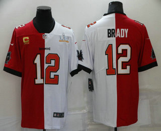 Men's Tampa Bay Buccaneers #12 Tom Brady Red White Super Bowl Split Stitched Jersey