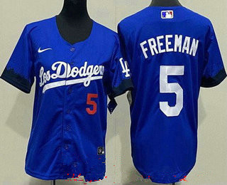 Women's Los Angeles Dodgers #5 Freddie Freeman Blue City Red Number Cool Base Jersey