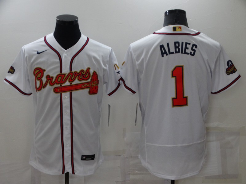 Men's Atlanta Braves #1 Ozzie Albies 2022 White Gold World Series Champions Program Flex Base Stitched Baseball Jersey Men's Atlanta Braves #1 Ozzie Albies 2022 White Gold World Series Champions Program Flex Base Stitched Baseball Jersey