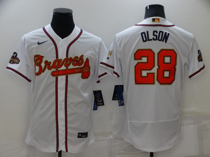 Men's Atlanta Braves #28 Matt Olson 2022 White Gold World Series Champions Program Flex Base Stitched Baseball Jersey
