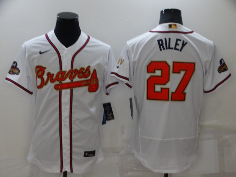 Men's Atlanta Braves #27 Austin Riley 2022 White Gold World Series Champions Program Flex Base Stitched Baseball Jersey