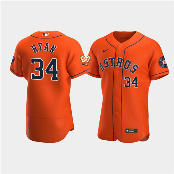 Men's Houston Astros #34 Nolan Ryan Orange 60th Anniversary Flex Base Stitched Baseball Jersey