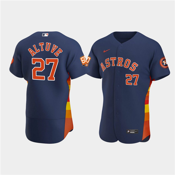 Men's Houston Astros #27 Jose Altuve Navy 60th Anniversary Flex Base Stitched Baseball Jersey Men's Houston Astros #27 Jose Altuve Navy 60th Anniversary Flex Base Stitched Baseball Jersey