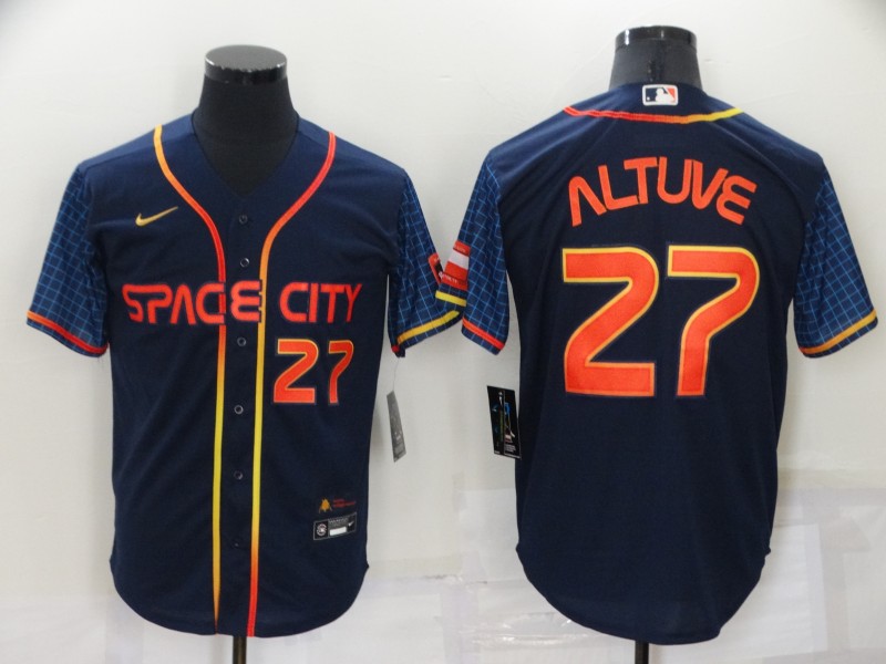 Men's Houston Astros #27 Jose Altuve Number 2022 Navy Blue City Connect Cool Base Stitched Jersey Men's Houston Astros #27 Jose Altuve Number 2022 Navy Blue City Connect Cool Base Stitched Jersey