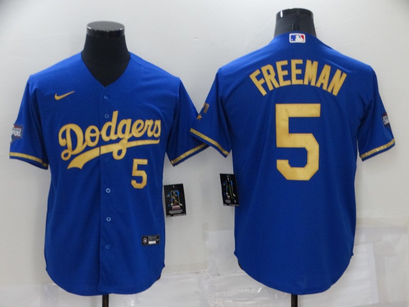 Men's Los Angeles Dodgers #5 Freddie Freeman Blue Gold Stitched MLB Cool Base Nike Fashion Jersey