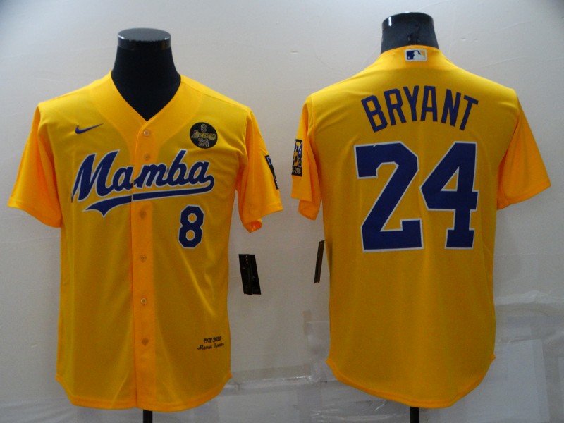 Men's Los Angeles Lakers #8 #24 Kobe Bryant Mamba Yellow Stitched Cool Base Nike Baseball Jersey