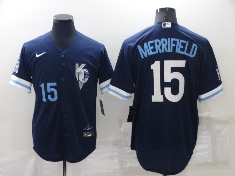 Men's Kansas City Royals #15 Whit Merrifield Number 2022 Navy Blue City Connect Cool Base Stitched Jersey Men's Kansas City Royals #15 Whit Merrifield Number 2022 Navy Blue City Connect Cool Base Stitched Jersey