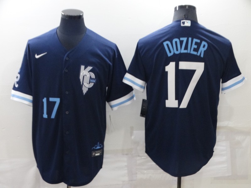 Men's Kansas City Royals #17 Hunter Dozier Number 2022 Navy Blue City Connect Cool Base Stitched Jersey Men's Kansas City Royals #17 Hunter Dozier Number 2022 Navy Blue City Connect Cool Base Stitched Jersey