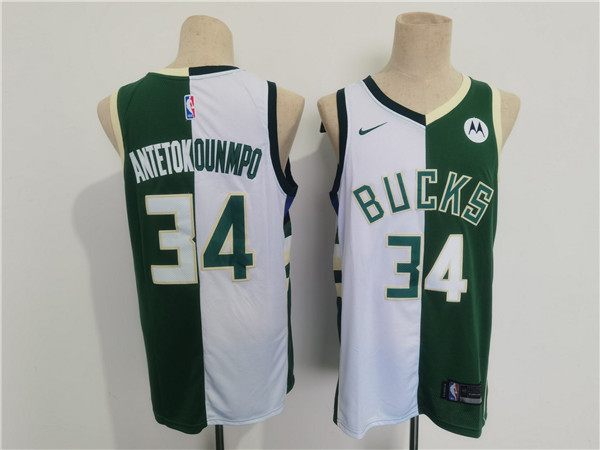 Men's Milwaukee Bucks #34 Giannis Antetokounmpo Green White Split Stitched Basketball Jersey