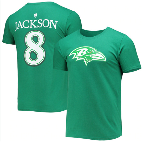 Men's Baltimore Ravens #8 Lamar Jackson Green St. Patrick's Day Icon Player T-Shirt