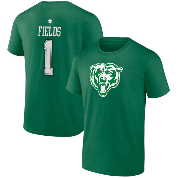 Men's Chicago Bears #1 Justin Fields Green St. Patrick's Day Icon Player T-Shirt