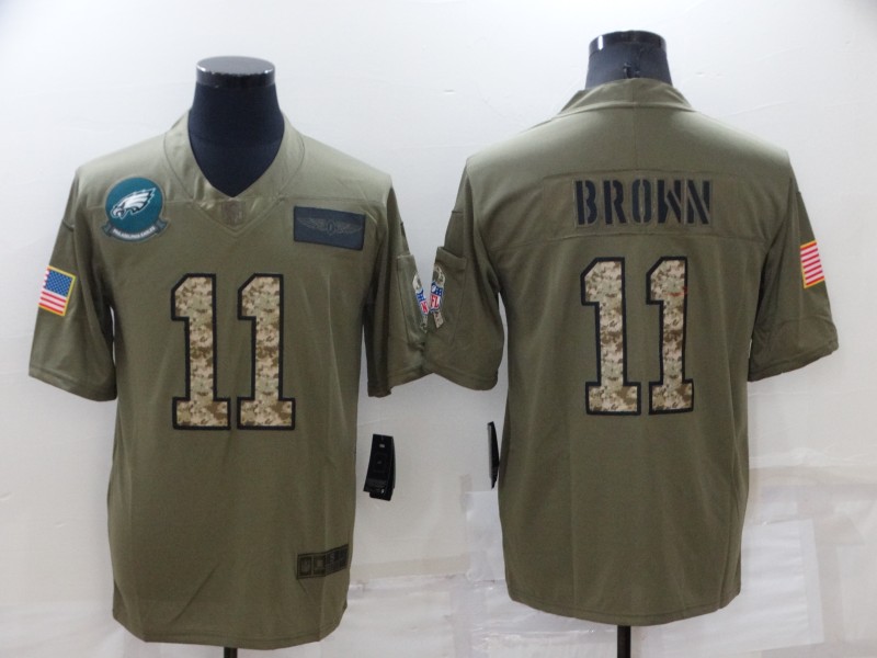 Men's Philadelphia Eagles #11 A. J. Brown Olive Camo Salute To Service Limited Stitched Jersey