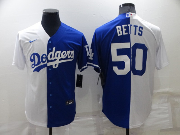 Men's Los Angeles Dodgers #50 Mookie Betts White Blue Split Cool Base Stitched Baseball Jersey