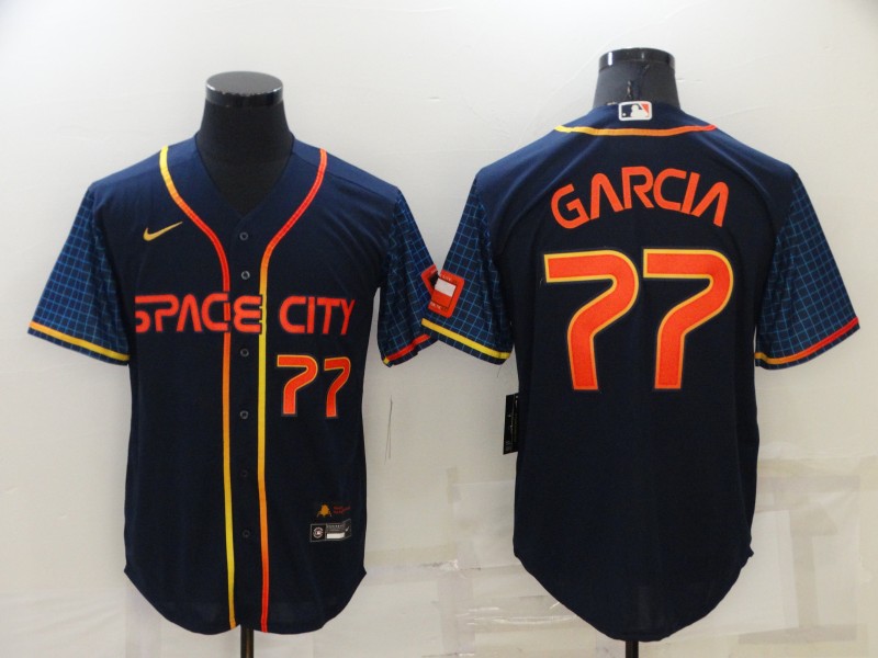 Men's Houston Astros #77 Luis Garcia Number 2022 Navy Blue City Connect Cool Base Stitched Jersey Men's Houston Astros #77 Luis Garcia Number 2022 Navy Blue City Connect Cool Base Stitched Jersey