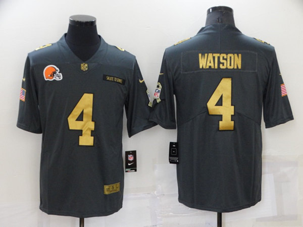 Men's Cleveland Browns #4 Deshaun Watson Grey Gold Salute To Service Limited Stitched Jersey