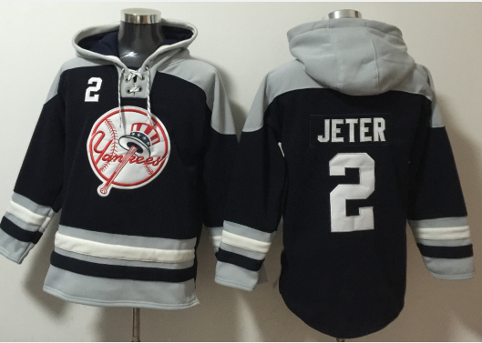 Men's New York Yankees #2 Derek Jeter Navy Blue Ageless Must Have Lace Up Pullover Hoodie