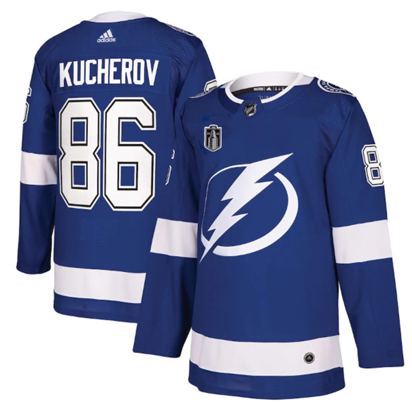 Men's Tampa Bay Lightning #86 Nikita Kucherov 2022 Blue Stanley Cup Final Patch Stitched Jersey