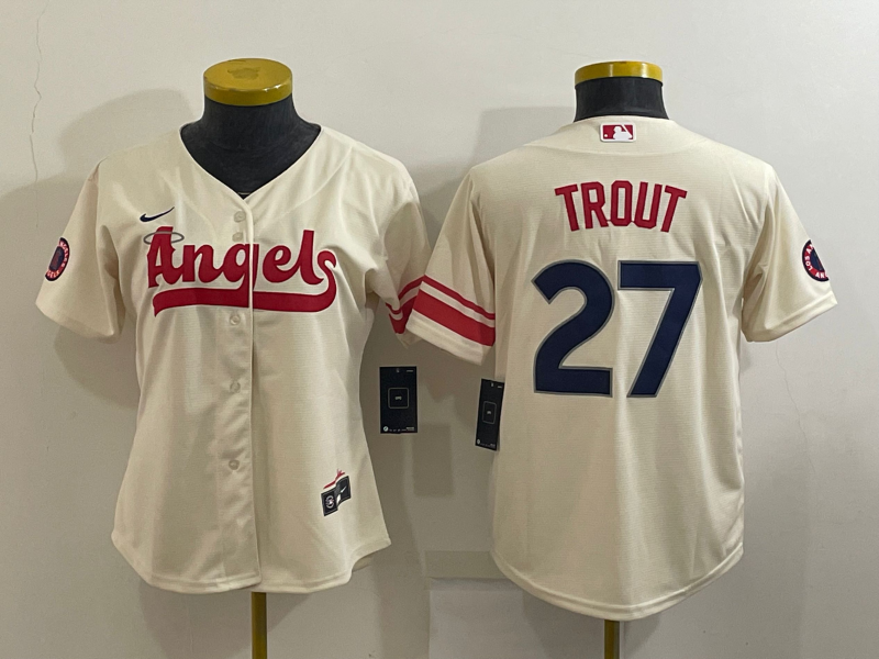 Women's Los Angeles Angels #27 Mike Trout Cream 2022 City Connect Cool Base Stitched Jersey Women's Los Angeles Angels #27 Mike Trout Cream 2022 City Connect Cool Base Stitched Jersey
