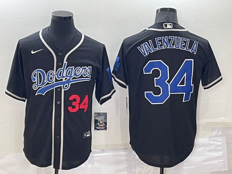 Men's Los Angeles Dodgers #34 Fernando Valenzuela Black Blue Name Stitched MLB Cool Base Nike Jersey