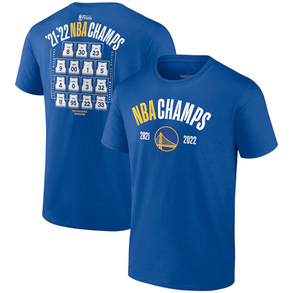 Men's Golden State Warriors 2021-2022 Royal NBA Finals Champions Final Buzzer Jersey Roster T-Shirt