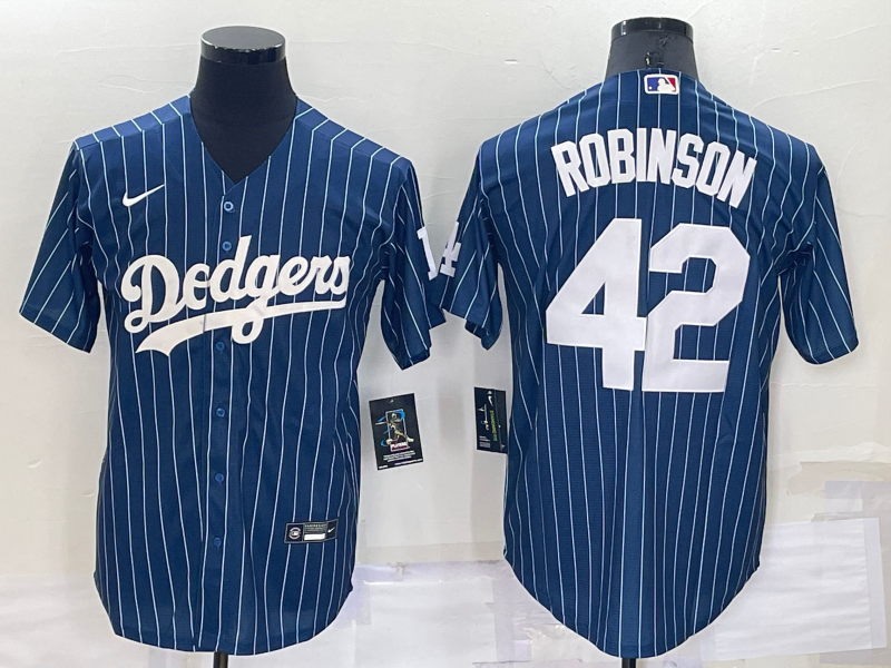 Men's Los Angeles Dodgers #42 Jackie Robinson Navy Blue Pinstripe Stitched MLB Cool Base Nike Jersey