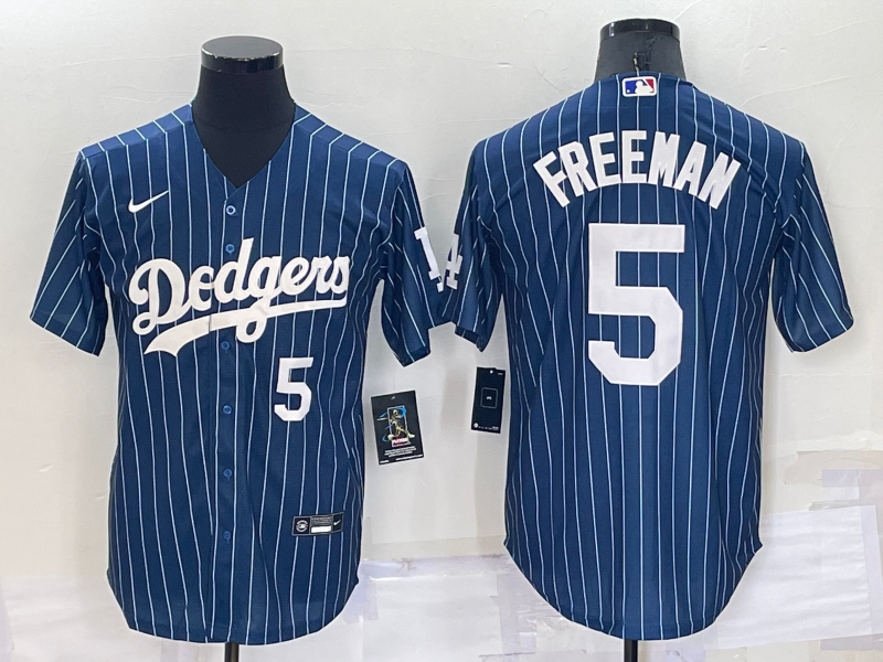 Men's Los Angeles Dodgers #5 Freddie Freeman Number Navy Blue Pinstripe Stitched MLB Cool Base Nike Jersey
