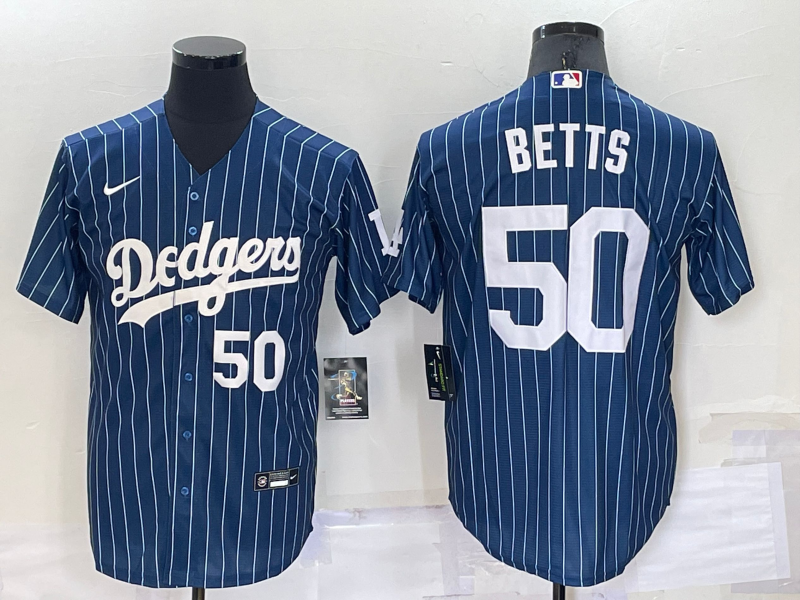 Men's Los Angeles Dodgers #50 Mookie Betts Number Navy Blue Pinstripe Stitched MLB Cool Base Nike Jersey