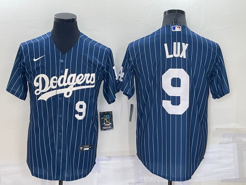 Men's Los Angeles Dodgers #9 Gavin Lux Number Navy Blue Pinstripe Stitched MLB Cool Base Nike Jersey