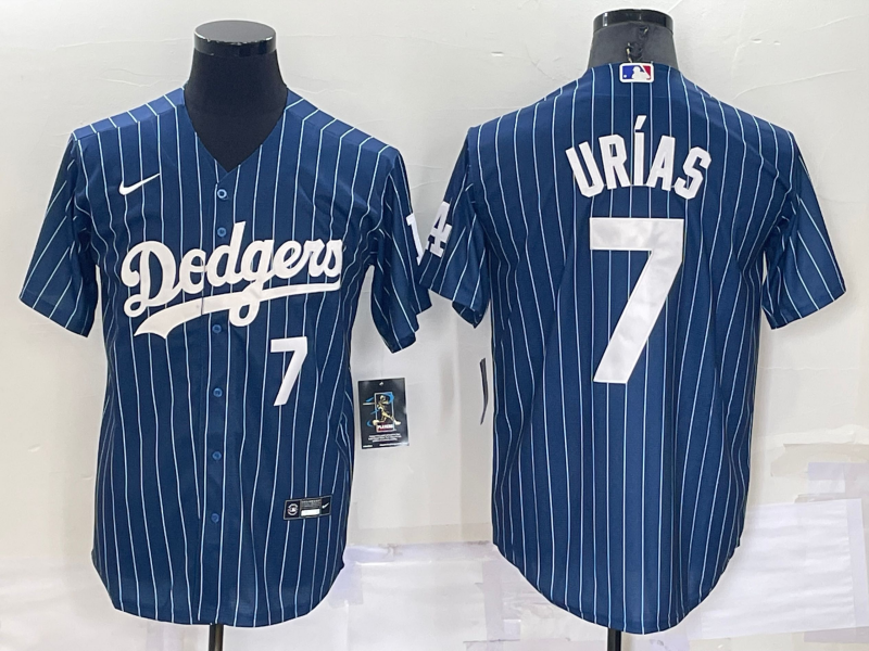 Men's Los Angeles Dodgers #7 Julio Urias Number Navy Blue Pinstripe Stitched MLB Cool Base Nike Jersey Men's Los Angeles Dodgers #7 Julio Urias Number Navy Blue Pinstripe Stitched MLB Cool Base Nike Jersey