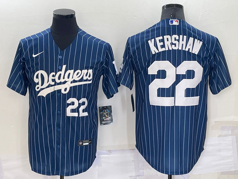 Men's Los Angeles Dodgers #22 Clayton Kershaw Number Navy Blue Pinstripe Stitched MLB Cool Base Nike Jersey