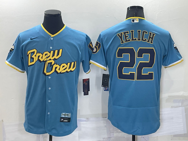 Men's Milwaukee Brewers #22 Christian Yelich Blue 2022 City Connect Flex Base Stitched Jersey