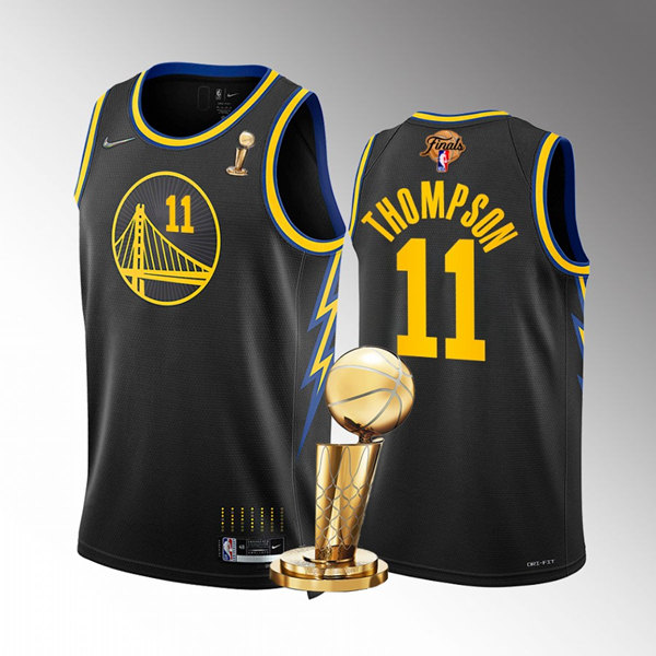 Men's Golden State Warriors #11 Klay Thompson Black 2022 NBA Finals Champions Stitched Jersey