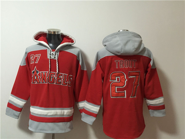 Men's Los Angeles Angels #27 Mike Trout Red Ageless Must-Have Lace-Up Pullover Hoodie