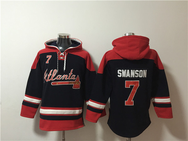 Men's Atlanta Braves #7 Dansby Swanson Navy Red Ageless Must-Have Lace-Up Pullover Hoodie